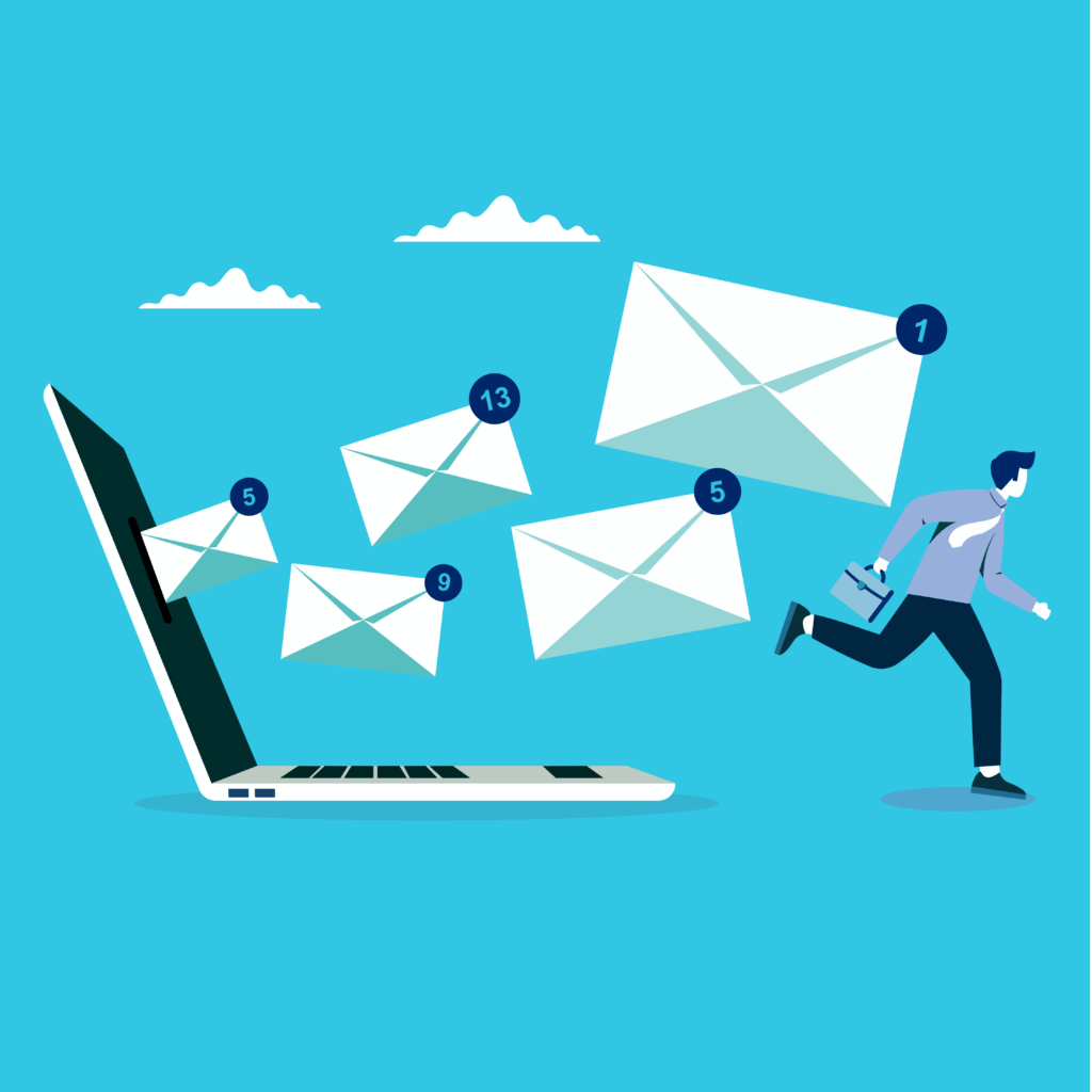 a man running from a laptop with envelopes coming out of it